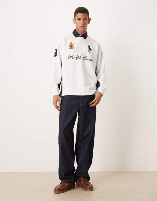 Polo Ralph Lauren large script player logo heavyweight fleece rugby sweatshirt in white, 2 of 5