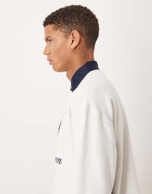 Polo Ralph Lauren large script player logo heavyweight fleece rugby sweatshirt in white, 4 of 5