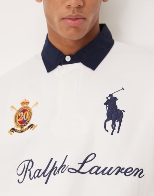 Polo Ralph Lauren large script player logo heavyweight fleece rugby sweatshirt in white, 5 of 5