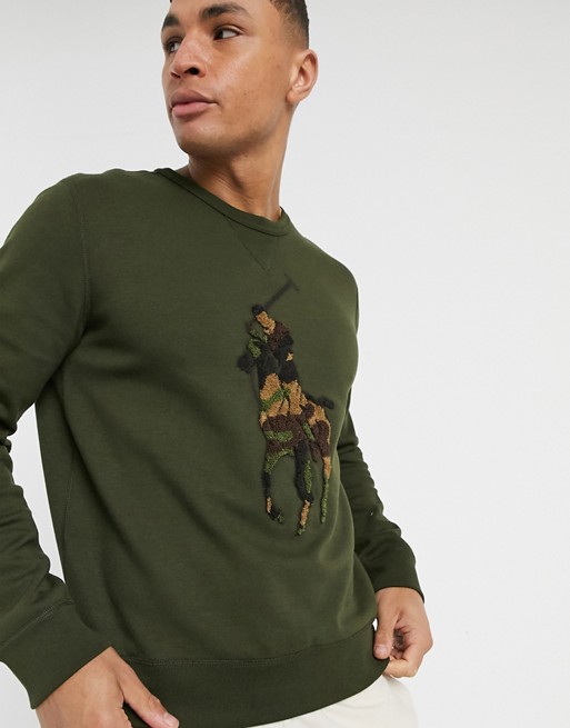 Polo Ralph Lauren large towelling camo player logo crewneck sweatshirt in olive green