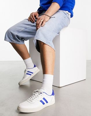 Polo Ralph Lauren leather court vulc trainers in white with blue stripe logo - ASOS Price Checker