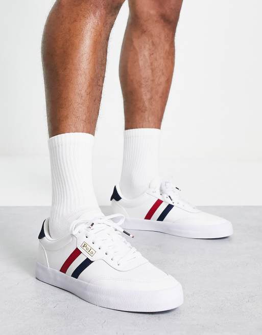 Polo Ralph Lauren leather court vulc sneakers in white with multi stripes |  ASOS