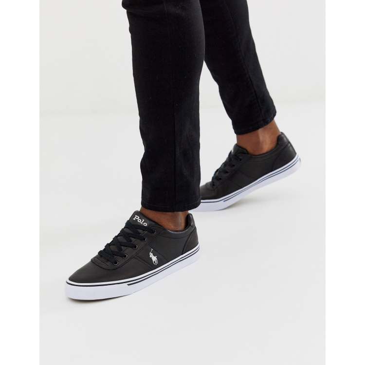 Polo Ralph Lauren leather hanford sneakers in black with player logo | ASOS