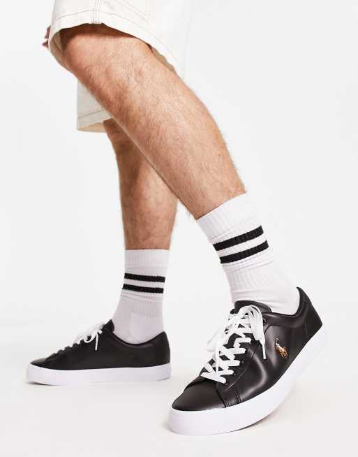 Polo Ralph Lauren leather hanford sneakers in black with player logo | ASOS