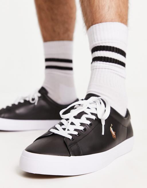 Polo Ralph Lauren leather hanford sneakers in black with player logo | ASOS