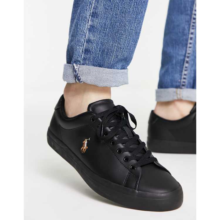 Polo Ralph Lauren leather hanford sneakers in black with player logo | ASOS