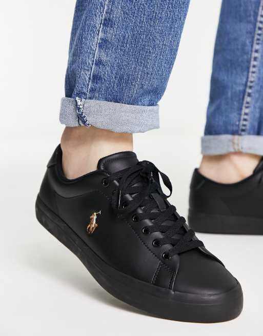 Polo Ralph Lauren leather hanford sneakers in black with player logo | ASOS