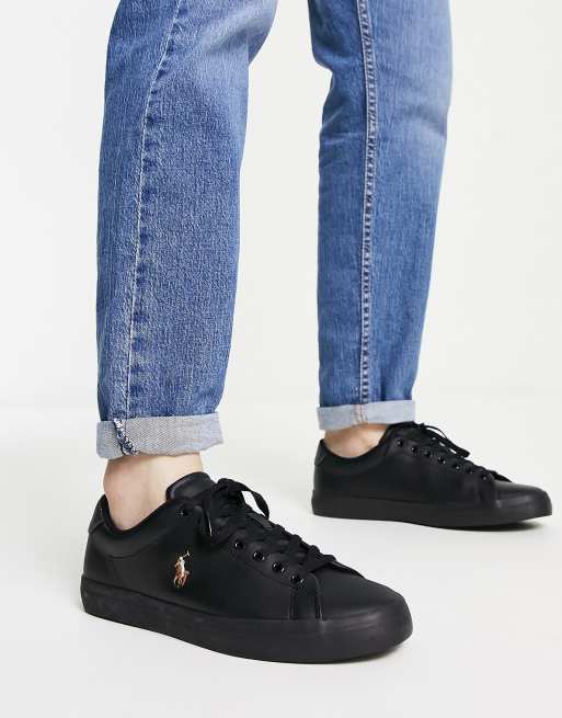 Polo Ralph Lauren leather hanford sneakers in black with player logo | ASOS