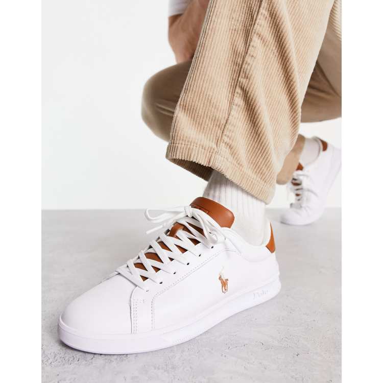 Polo Ralph Lauren leather heritage court sneakers in white with tan pony  logo | ASOS