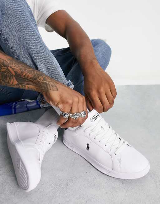 Polo Ralph Lauren leather heritage court sneakers black pony logo in white | ASOS