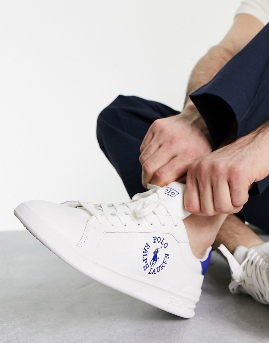 Polo Ralph Lauren leather heritage court trainer in off white with navy circle logo