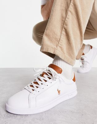 Polo Ralph Lauren leather heritage court trainer in white with tan pony logo - ASOS Price Checker