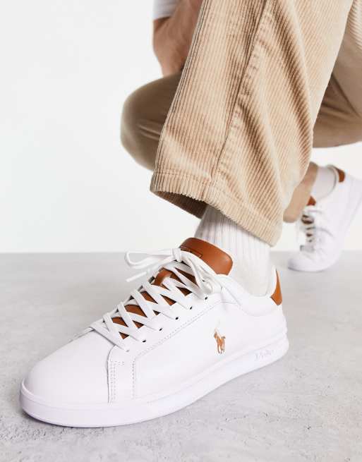 Polo Ralph Lauren leather heritage court trainer in white with tan pony ...