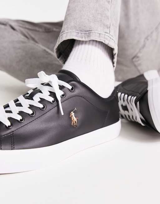 Polo Ralph Lauren leather longwood trainer in black/white with