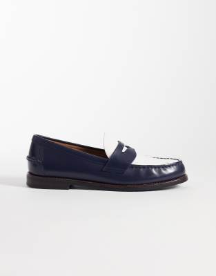  leather penny loafers in navy and white