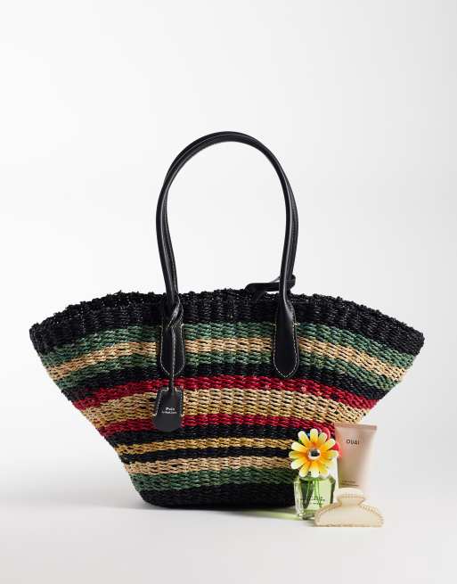 Polo Ralph Lauren leather trim striped raffia beach bag in multi, 2 of 4