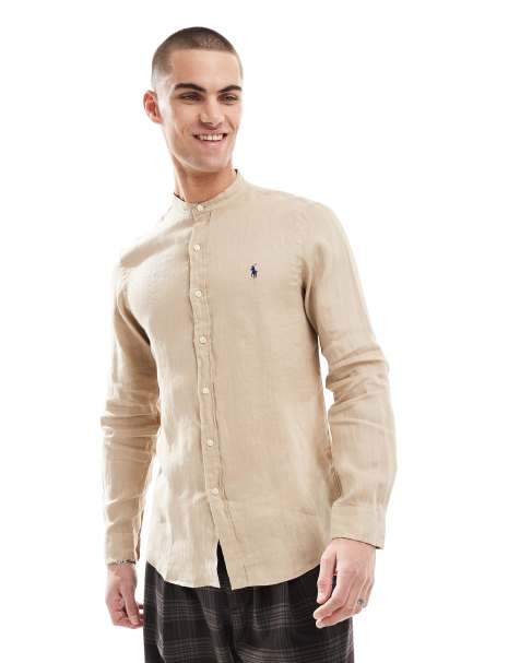 Polo Ralph Lauren – Leinen-Hemd in Beige mit schmalem Schnitt, Grandad-Kragen und Markenlogo - view 1