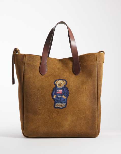 Polo Ralph Lauren - Leren tote tas met geborduurde beer met vlag in bruin - view 1
