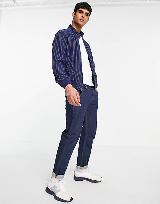 Polo Ralph Lauren linen Baracuda player logo pinstripe harrington jacket in  ink blue | ASOS