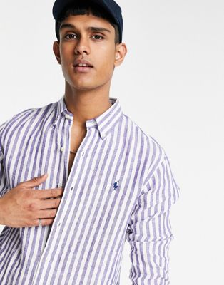 Polo Ralph Lauren linen player logo block stripe shirt button down custom regular fit in blue/white-Blues