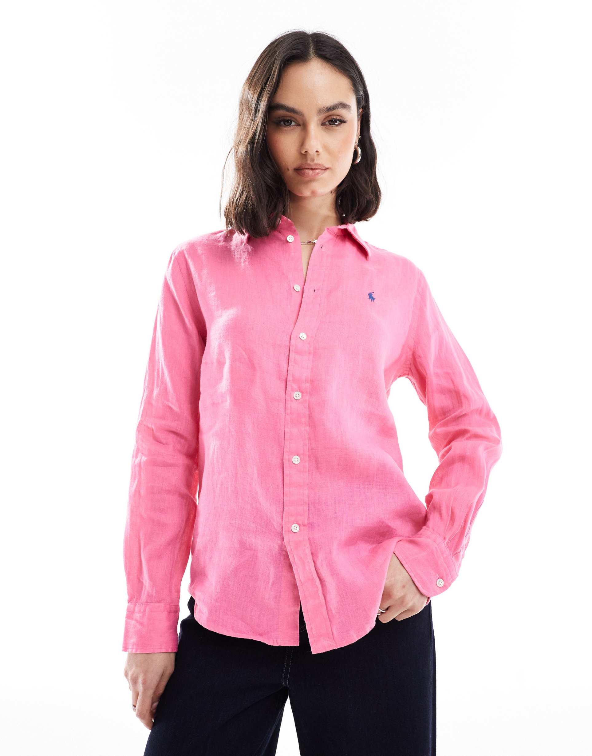 polo ralph lauren linen shirt with logo in pink