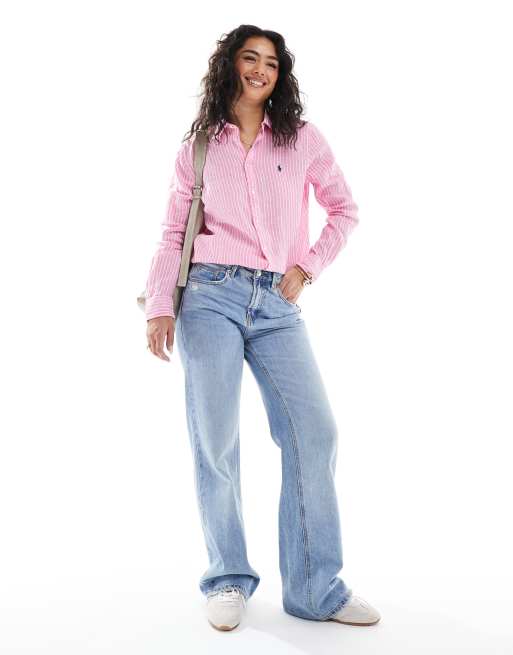 Polo Ralph Lauren linen striped shirt with logo in pink and