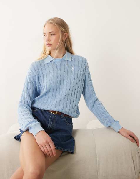 Polo Ralph Lauren – Ljusblå, flätstickad kofta med ikonlogga och krage i bomull - view 1