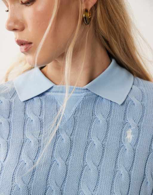 Polo Ralph Lauren – Ljusblå, flätstickad kofta med ikonlogga och krage i bomull, 2 av 4