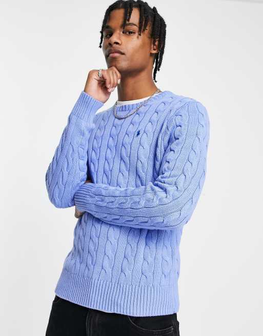 Polo Ralph Lauren – Ljusblå melerad, kabelstickad bomullströja med ikonisk logotyp, 2 av 4