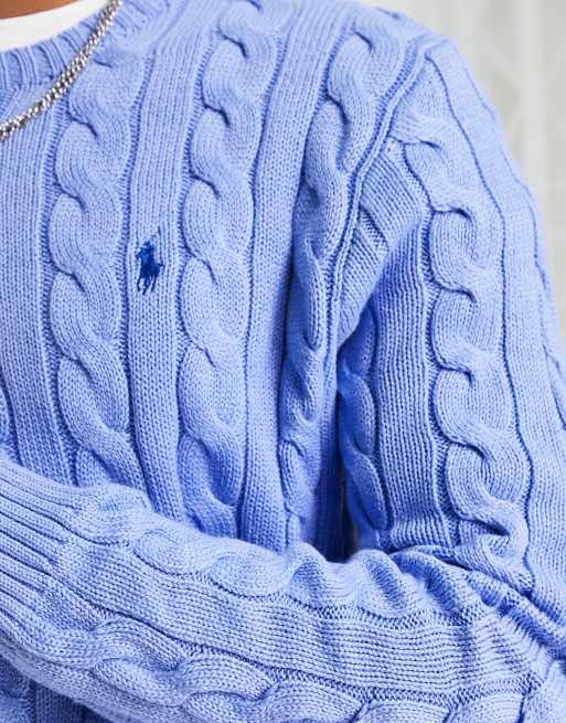 Polo Ralph Lauren – Ljusblå melerad, kabelstickad bomullströja med ikonisk logotyp, 4 av 4
