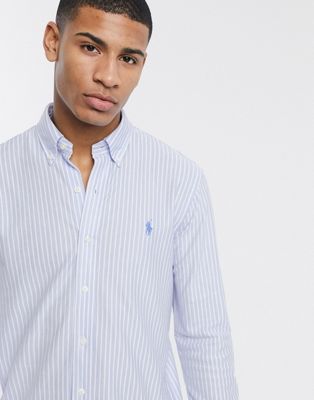 Polo Ralph Lauren – Ljusblå randig pikéskjorta med smal passform och logga