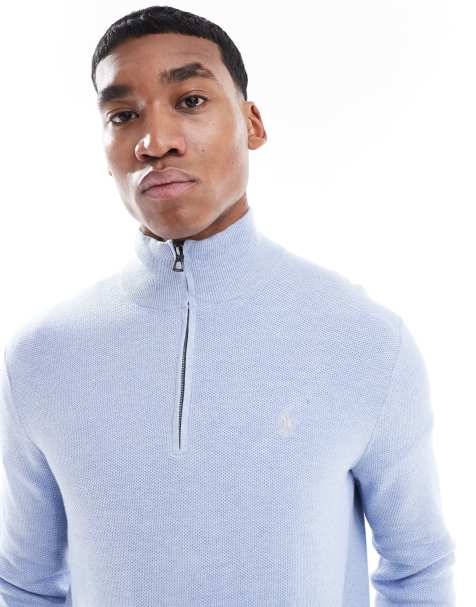 Polo Ralph Lauren – Ljusblå, stickad tröja i strukturerad bomull med halvlång dragkedja, klassisk logga och melerad effekt - view 1