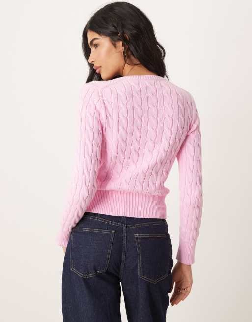 Polo Ralph Lauren – Ljusrosa, flätstickad kofta i bomull med ikonlogga, 4 av 4
