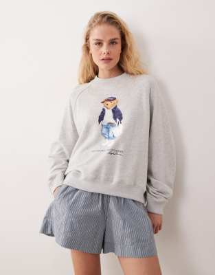 Polo Ralph Lauren - Locker geschnittenes Fleece-Sweatshirt in meliertem Hellgrau mit Bear-Print
