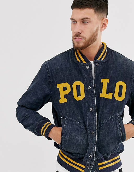 Dum Frigøre Fra Polo Ralph Lauren logo applique denim varsity bomber jacket in mid wash |  ASOS