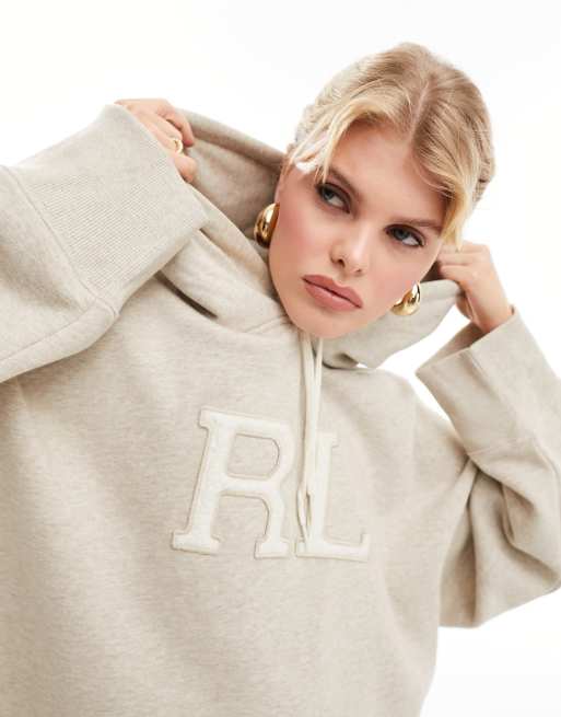 Polo Ralph Lauren logo borg sweat crop tunic hoodie in beige marl