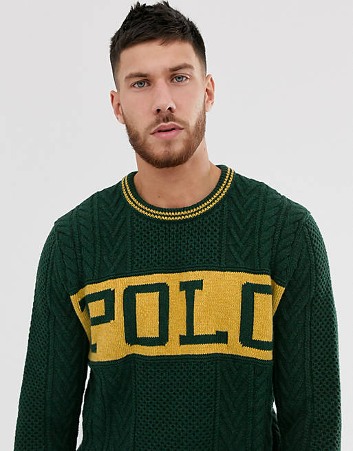 Polo Ralph Lauren logo chest aran knit sweater in green | ASOS