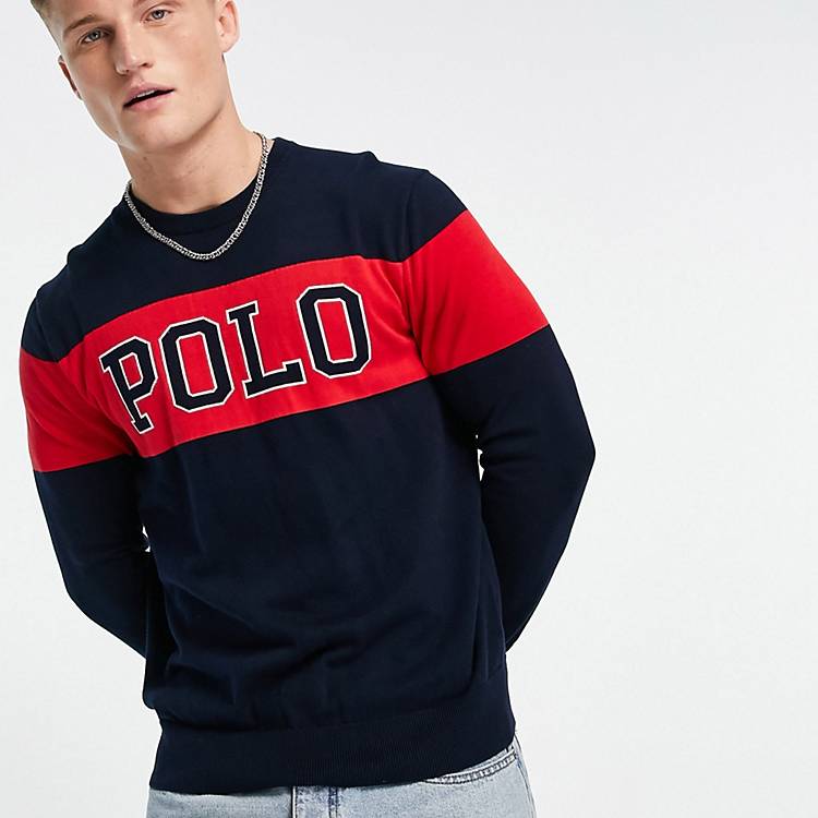 bezoeker Wens Kort geleden Polo Ralph Lauren logo chest stripe heavy cotton knit jumper in navy | ASOS