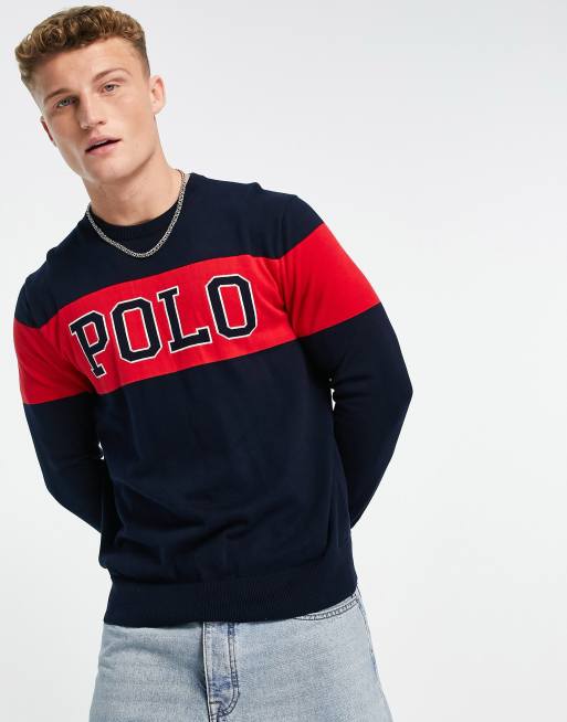 Polo Ralph Lauren logo chest stripe heavy cotton knit jumper in navy | ASOS