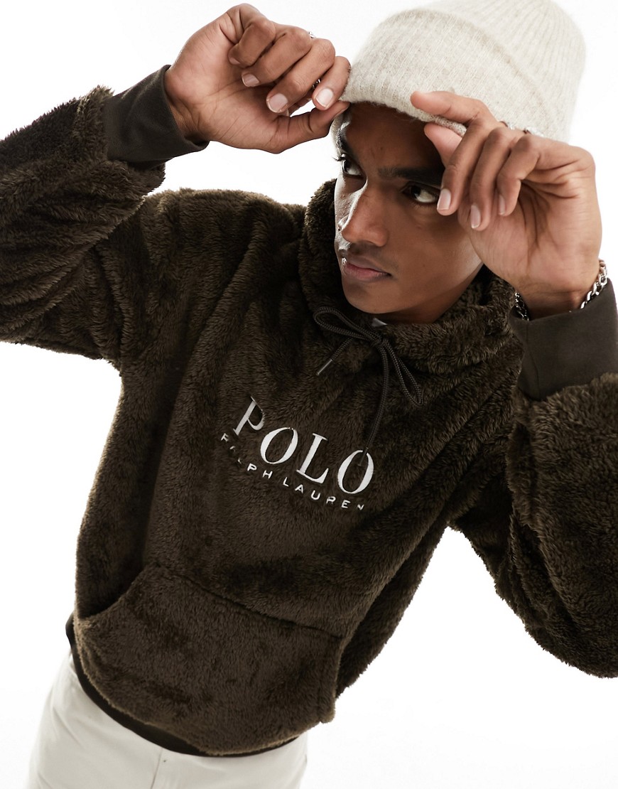 Polo Ralph Lauren logo front sherpa borg hoodie in brown