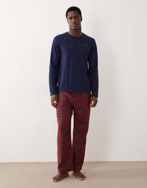 Polo Ralph Lauren logo long sleeve top and check flannel pyjama trousers set in navy/red - view 1