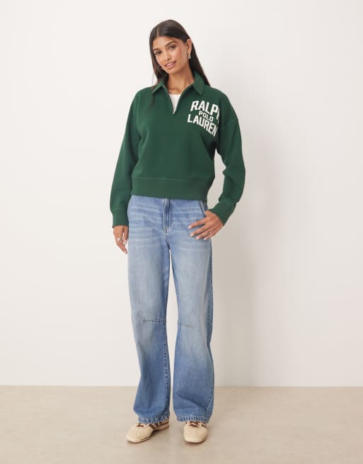 Polo Ralph Lauren logo quarter zip jumper in green, 3 of 4