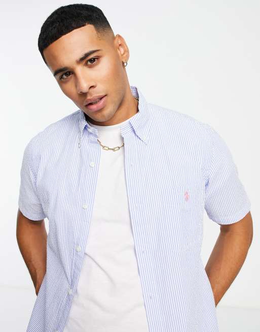 Polo Ralph Lauren logo short sleeve striped shirt in light blue/white | ASOS