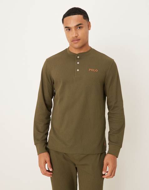 Polo Ralph Lauren logo waffle henley long sleeve lounge t-shirt in dark green - view 1