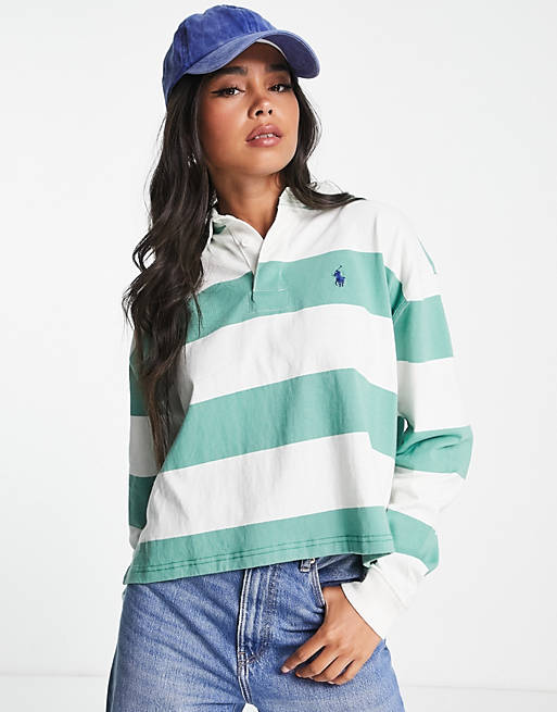 Pluche pop Metropolitan naam Polo Ralph Lauren long sleeve cropped rugby shirt in green stripe | ASOS