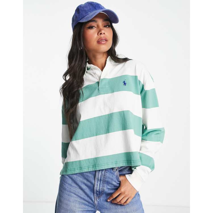 Polo Ralph Lauren long sleeve cropped rugby shirt in green stripe