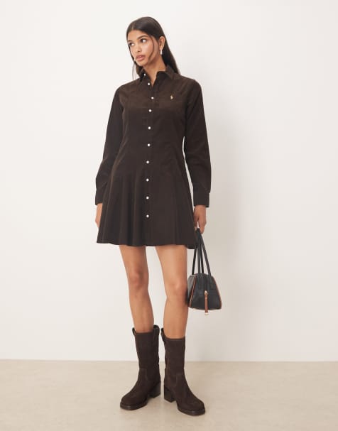 Polo Ralph Lauren long sleeve front botton collar dress in brown