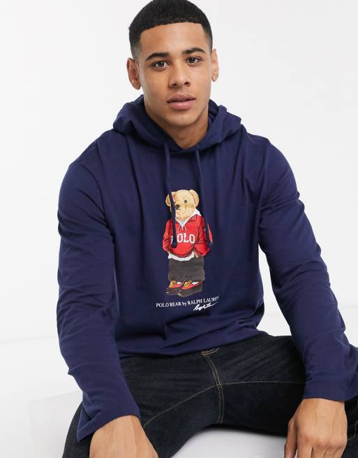 Polo Ralph Lauren long sleeve hooded top in navy with bear logo