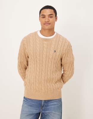 Polo Ralph Lauren Polo Ralph Lauren long sleeve icon logo cable knit sweatshirt in tan-Brown