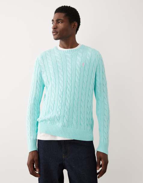 Polo Ralph Lauren long sleeve icon logo cable knit sweatshirt in turquoise - view 1